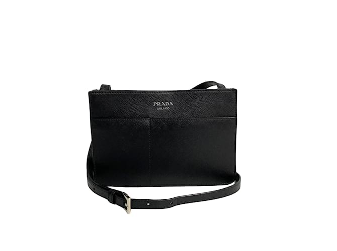 Prada Saffiano Lux Double Pocket Crossbody Bag Black Leather Pony-style calfskin  ref.1199537