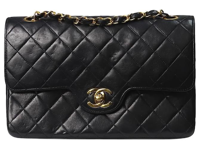 Chanel Black medium lambskin vintage 1986 Classic Double Flap Leather  ref.1199602