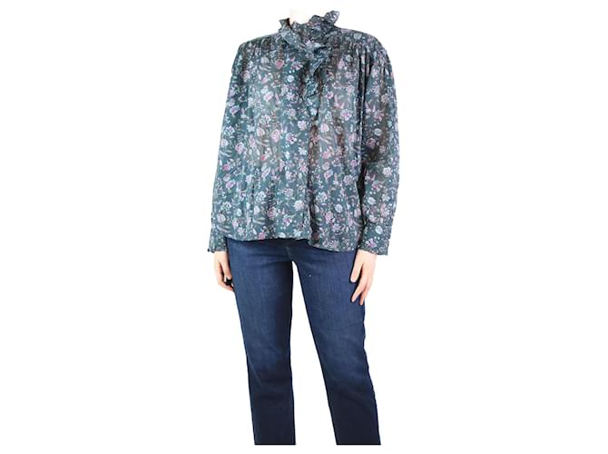 Isabel Marant Etoile Dark green floral ruffled voile top - size UK 12 Cotton  ref.1199628