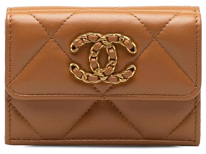 Chanel Brown 19 Trifold Flap Compact Wallet Leather  ref.1199718