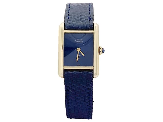 Cartier „Tank Must“ silbervergoldete Uhr, Blau lackiertes Zifferblatt. Leder Geld  ref.1200075