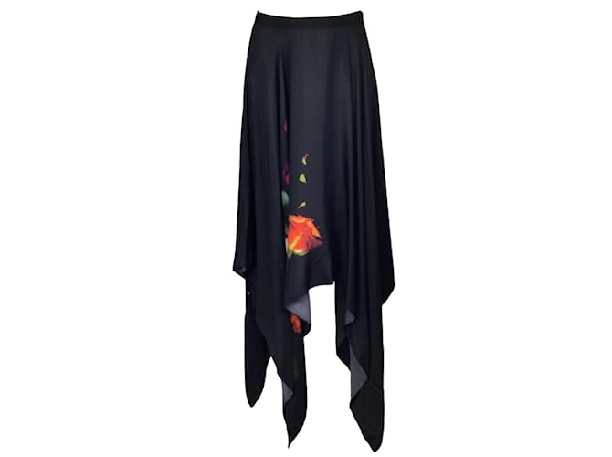 Autre Marque Prabal Gurung Black Multi Floral Printed Asymmetric Hem Silk Midi Skirt  ref.1200424