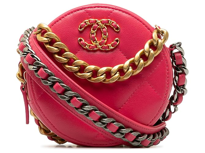 Chanel Rosa 19 Clutch redondo de piel de cordero con cadena Cuero  ref.1200608
