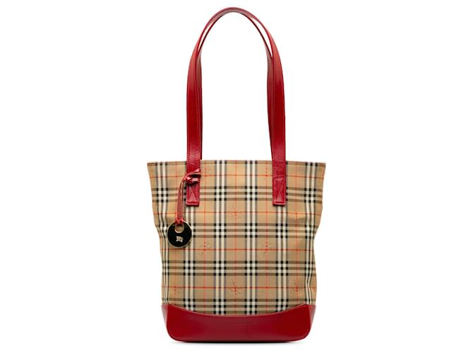 Burberry Brown Haymarket Check Tote Red Beige Leather Cloth Pony-style calfskin Cloth  ref.1200656