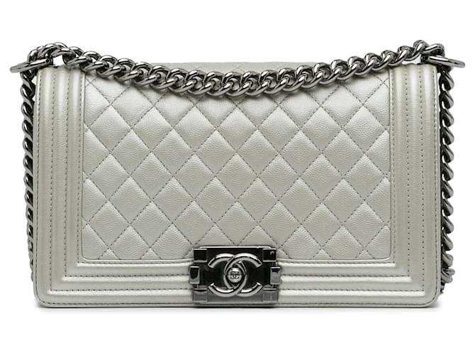 Chanel Silver Medium Caviar Boy Flap Bag Silvery Leather  ref.1200688