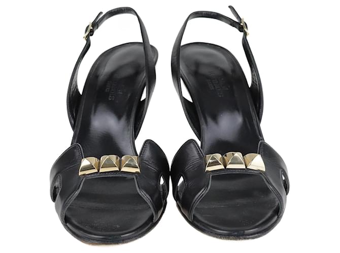 Hermès Schwarze Nacht-Slingback-Sandalen mit Nieten Leder  ref.1200789