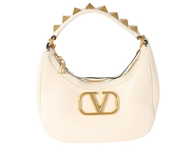 Valentino White in pelle di vitello Stud Sign Hobo Marrone Beige  ref.1200856