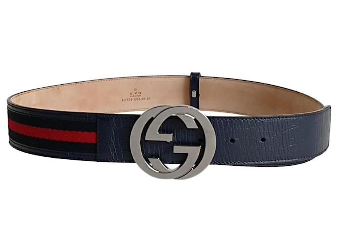 Gucci Web palladium belt in blue leather and canvas  ref.1200875
