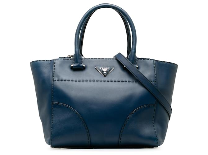 Bolso satchel azul con dos bolsillos cosidos en becerro City de Prada Cuero  ref.1201057