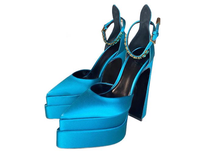Versace Aevitas Blue Leather Crystal Heels