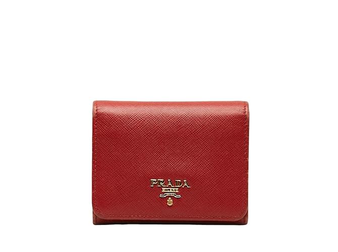 Prada Saffiano Logo Trifold Compact Wallet Red Leather Pony-style calfskin  ref.1201197