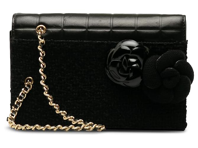 Chanel Black Tweed Chocolate Bar Camellia Clutch Cloth  ref.1201286