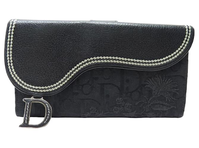 CHRISTIAN DIOR SADDLE WALLET LEATHER AND BLACK EMBROIDERED OBLIQUE CANVAS WALLET  ref.1201421