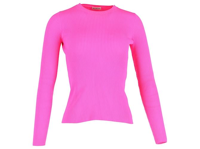 Balenciaga Ribbed Fitted Sweater in Hot Pink Polyester Viscose  ref.1201470
