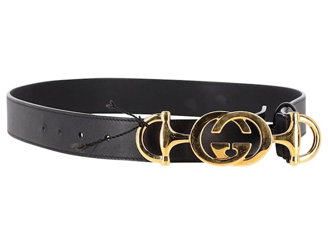 Cinturón Gucci Zumi con hebilla Horsebit entrelazada en cuero negro  ref.1201473