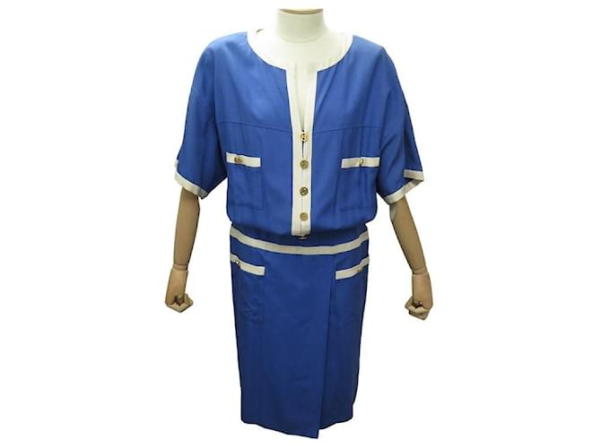 VINTAGE CHANEL DRESS WITH CC LOGO BUTTONS 23945 l 42 IN BLUE SILK SILK DRESS  ref.1201482