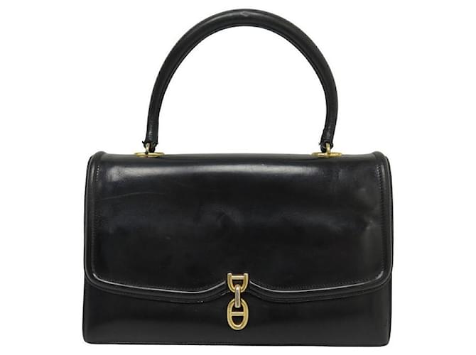 Hermès VINTAGE HERMES HANDBAG ANCHOR CHAIN CLASP LEATHER BOX BLACK LEATHER HAND BAG  ref.1201486
