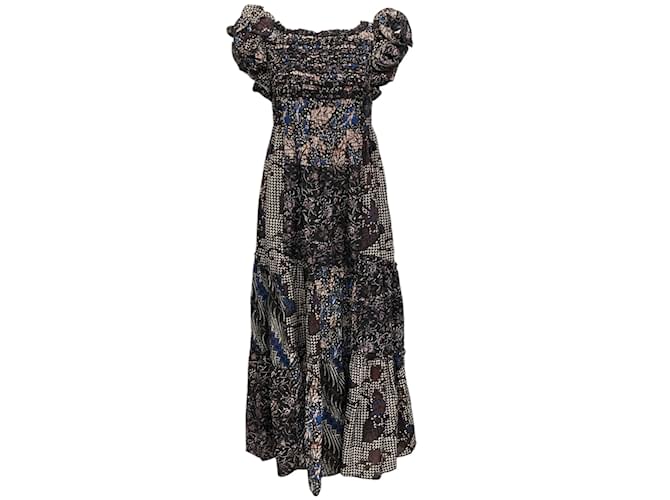 Autre Marque Ulla Johnson Blue Multi Ruffle Dress with Back Cut Out Cotton  ref.1202443