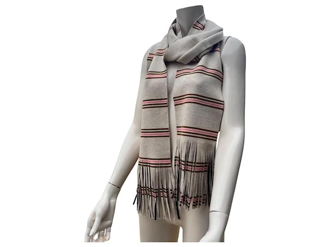 Paris- Dallas Chanel beige/brown striped fringed scarf. Tone-on-tone stitching. Pink Multiple colors Wool  ref.1202581