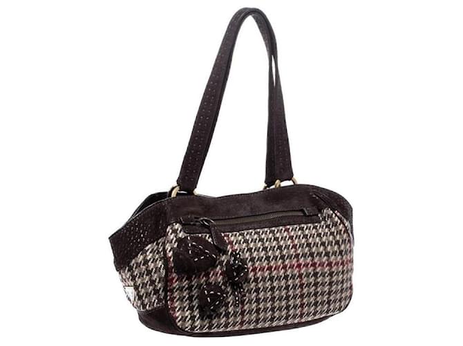 Bauletto Prada Brown Houndstooth Check Wool and Nubuck Leather Shoulder Bag Madras Multiple colors Beige Monogram Cloth Tweed Deerskin  ref.1202600