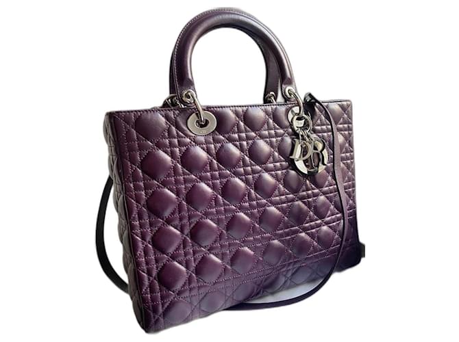 Lady Dior large bag dark purple Leather  ref.1202676