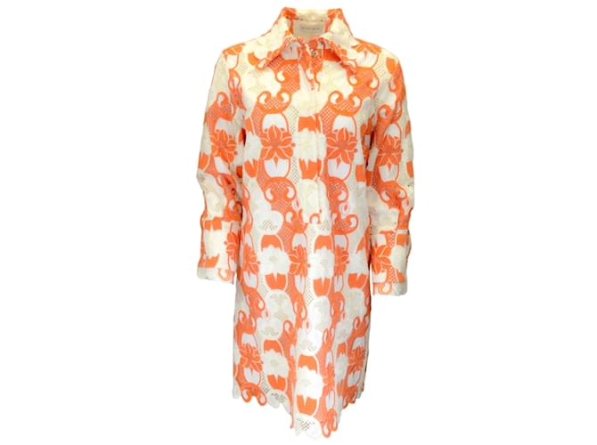 Autre Marque Etro Ivory / Orange Embroidered Lace Dress Cotton  ref.1203604