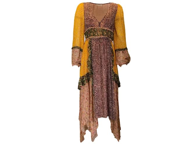 Autre Marque Ulla Johnson Brown / green / Mustard Yellow Multi Printed Silk Midi Dress Multiple colors  ref.1203608