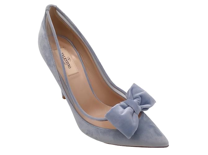 Autre Marque Valentino Light Blue Velvet and PVC Pointed Toe Dollybow Pumps  ref.1203609