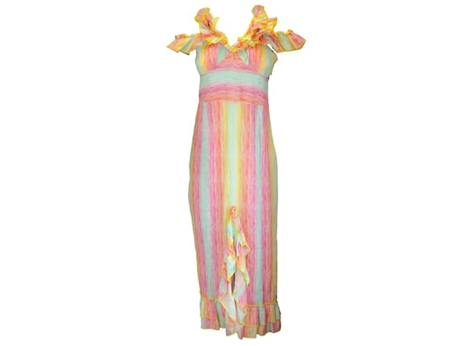 Autre Marque Gul Hurgel Pink / Yellow Multi Ruffled Linen Midi Dress Multiple colors  ref.1203614