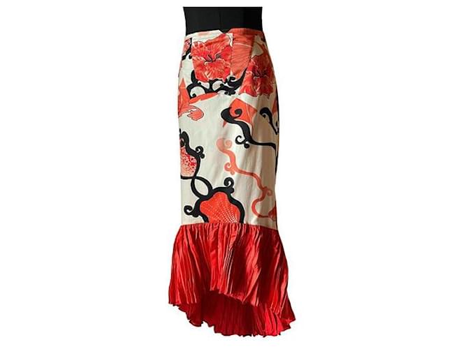 ROBERTO CAVALLI falda sirena estampada con fondo blanco y colores rojo-negro, Poliéster  ref.1203814