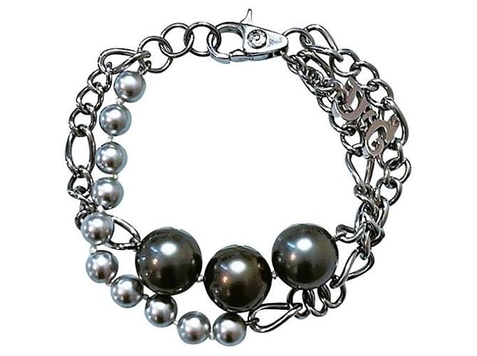scarce, DOLCE & GABBANA steel lined chain bracelet with anthracite gray pearls Silvery  ref.1203877