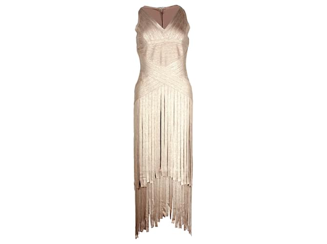 Herve Leger Tiered Fringed Metallic Midi Dress in Gold Rayon Golden Cellulose fibre  ref.1203935