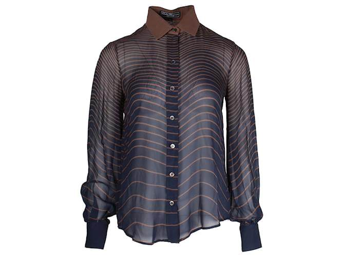 Salvatore Ferragamo Striped Buttoned Blouse in Brown and Blue Silk  ref.1203948