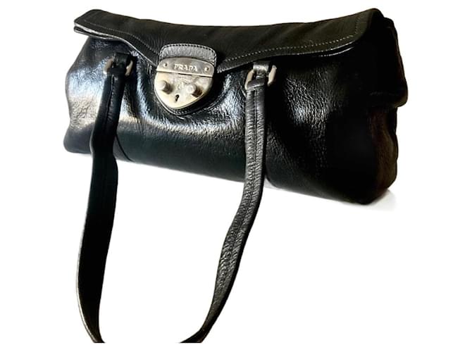 Prada Black Sound Lock Leather Shoulder Bag Fur  ref.1204005