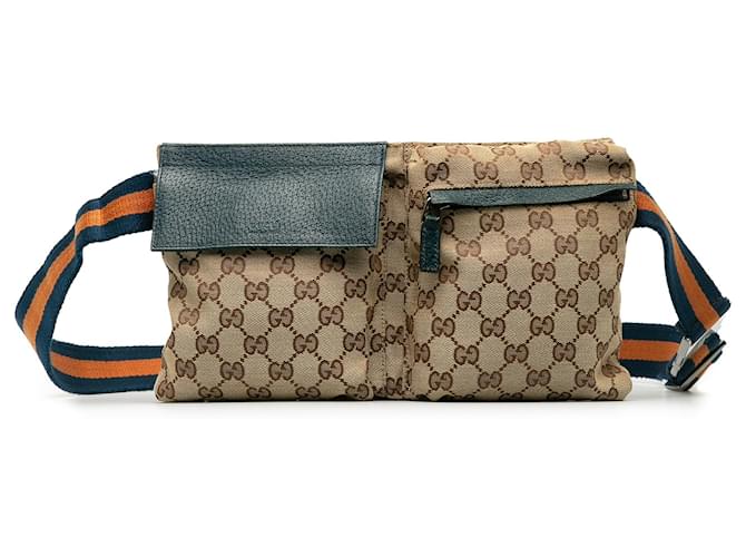 Gucci Brown GG Canvas Web Double Pocket Belt Bag Pony-style calfskin Cloth  ref.1204034