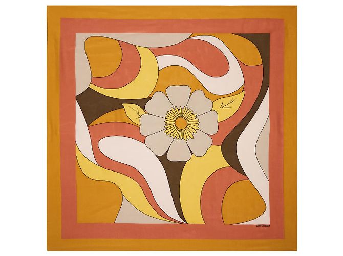 Lenço Saint Laurent de seda branco bege laranja amarelo Mostarda