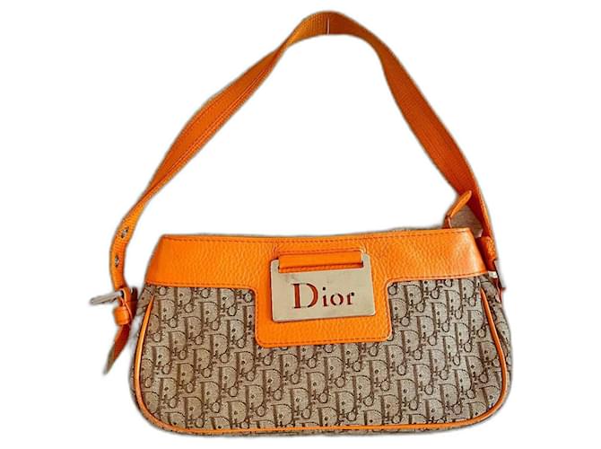 Dior Columbus Cuir Toile Orange Marron clair  ref.1204648