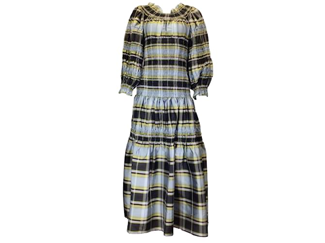 Autre Marque Tory Burch Azul / Vestido madrás con cordones Dupioni de seda madrás multicolor verde  ref.1204870