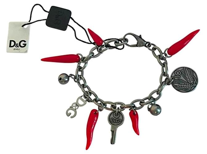 Rare bracelet vintage DOLCE & GABBANA en acier bruni avec pièces et cornes porte-bonheur rouges Argenté  ref.1205105