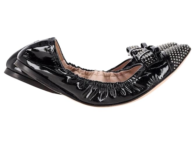 Miu Miu Embellished Bow Scrunch Ballet Flats in Black Patent Leather  ref.1205311
