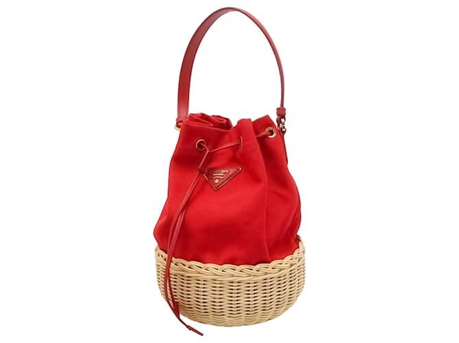 Prada Red Midollino and Canapa Bucket Bag Brown Beige Cloth Cloth  ref.1205531