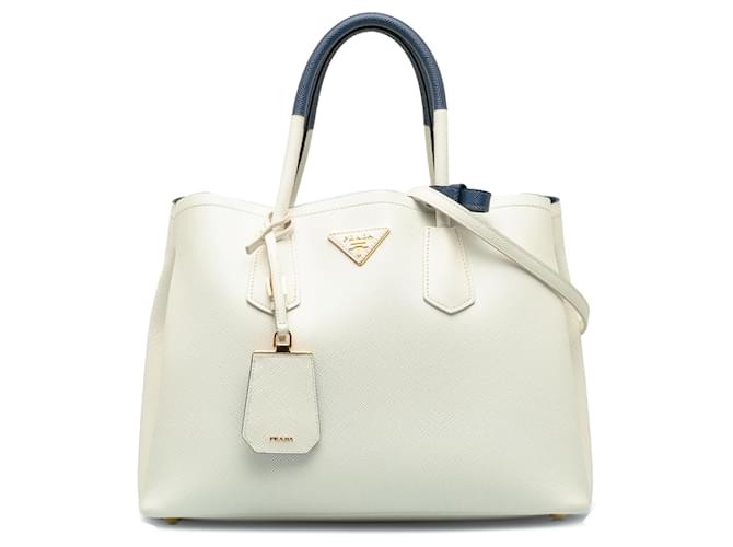 Bolso satchel con forro de cuero saffiano bicolor mediano blanco de Prada Azul  ref.1205595
