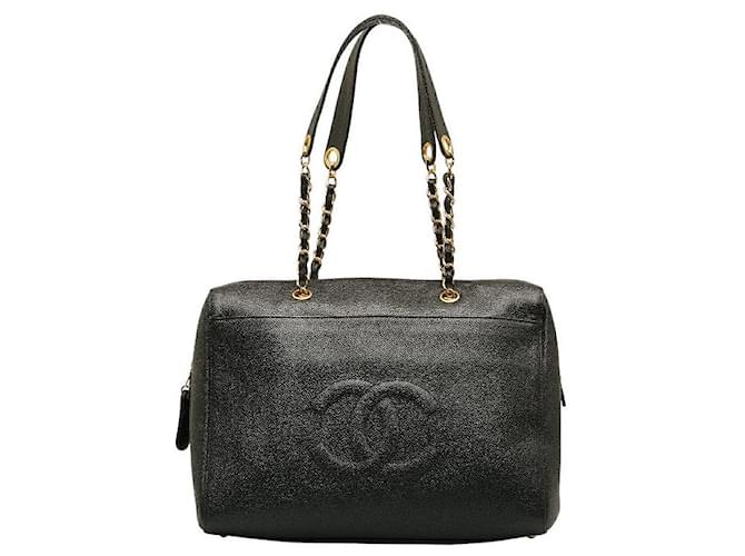 Chanel Bolsa de tela Cadena de caviar CC Negro Cuero  ref.1205710