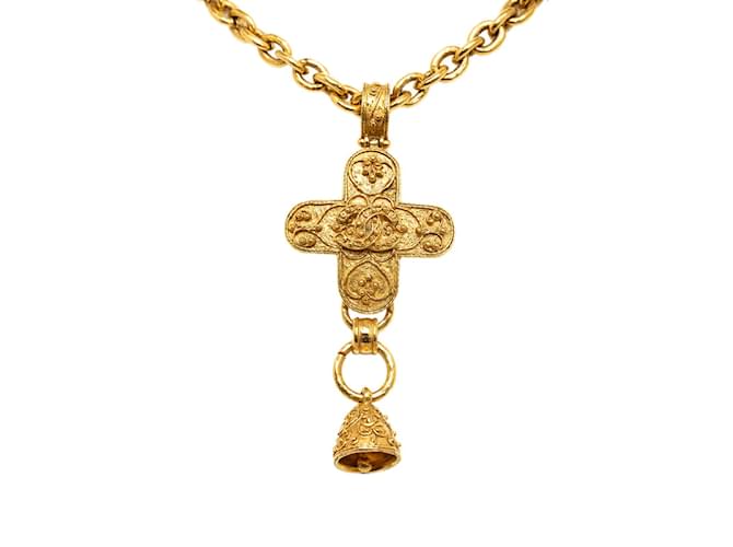 Chanel Collar de cadena con campana cruzada CC Dorado Metal  ref.1205723