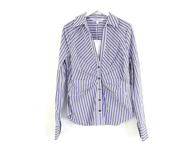 Veronica Beard Joelle ruched striped shirt White Blue Cotton  ref.1206297
