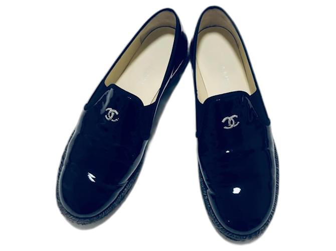 Chanel CC Espadrille Loafers Black Patent leather Rubber Rope  ref.1206385