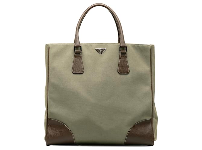 Prada Brown Canvas Tote Bag Beige Leather Cloth Pony-style calfskin Cloth  ref.1191315