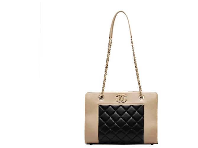 Bolsa de compras vintage Chanel marrom bicolor Mademoiselle Preto Bege Couro  ref.1191316