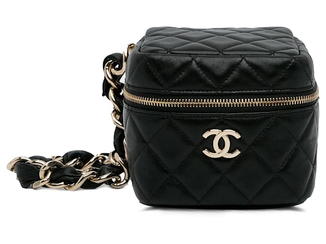 Vanity Bolso de tocador Chanel en forma de cubo de piel de cordero acolchado negro Cuero  ref.1200634