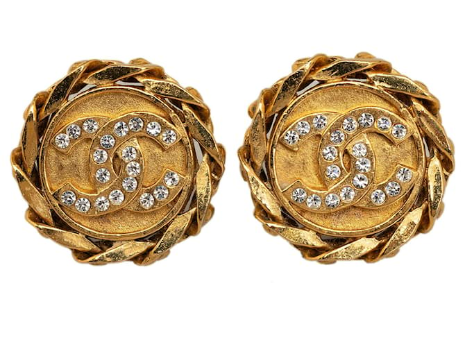 Chanel Gold CC Rhinestone Clip on Earrings Golden Metal Gold-plated  ref.1200640